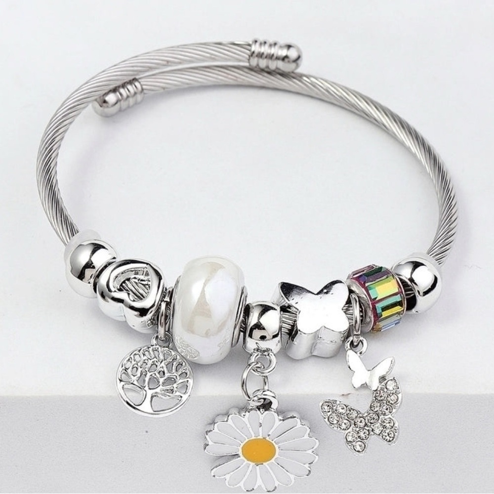 Silver Charm Bracelet with Butterfly and Daisy Accents